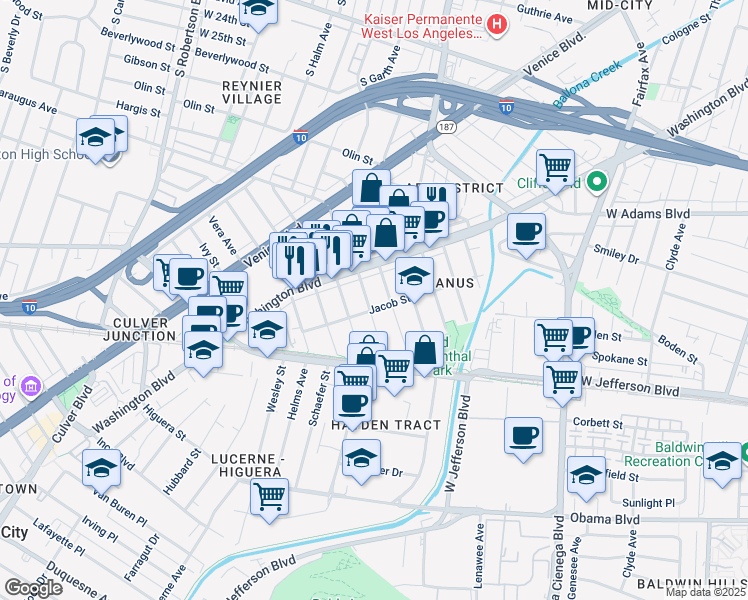 map of restaurants, bars, coffee shops, grocery stores, and more near 3405 Fay Avenue in Culver City