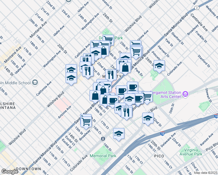 map of restaurants, bars, coffee shops, grocery stores, and more near 2020 Santa Monica Boulevard in Santa Monica