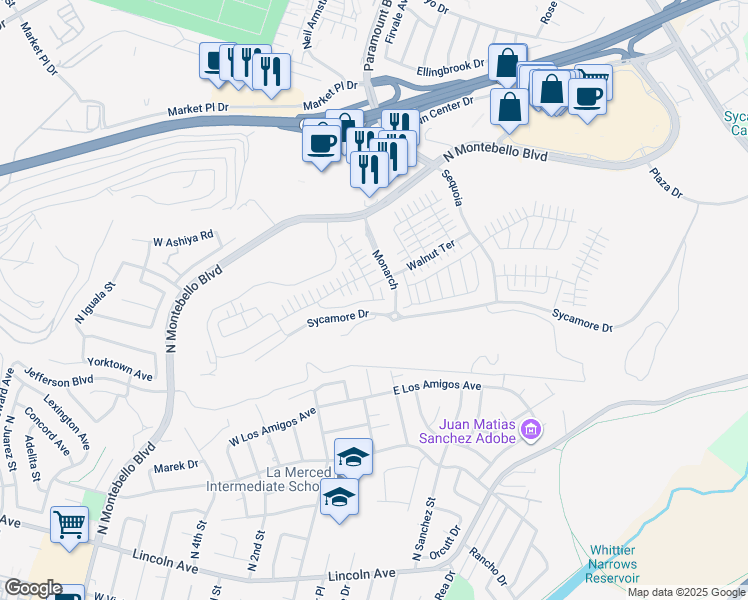map of restaurants, bars, coffee shops, grocery stores, and more near 1325 Hollyleaf Terrace in Montebello