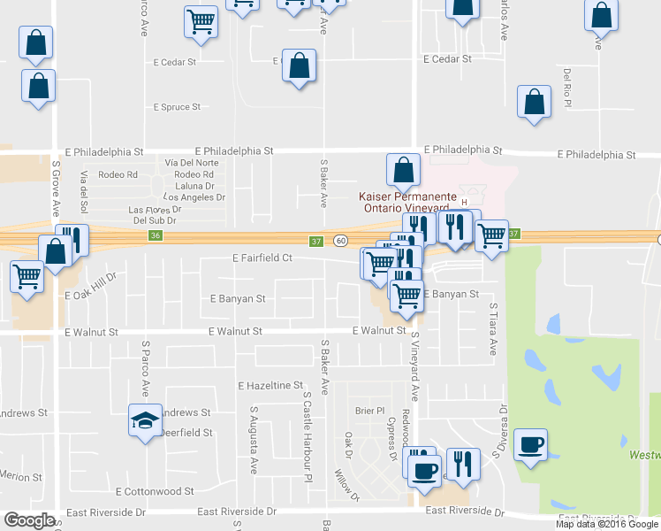 map of restaurants, bars, coffee shops, grocery stores, and more near 1707 East Oak Hill Court in Ontario
