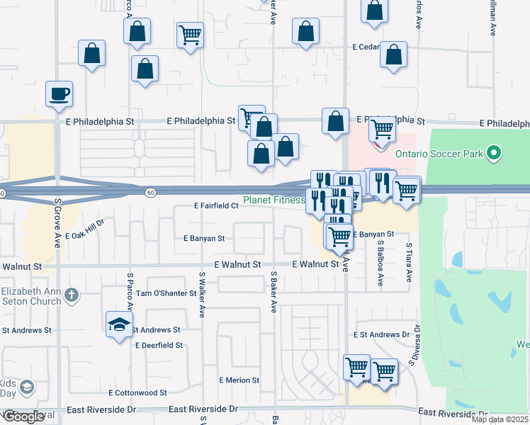 map of restaurants, bars, coffee shops, grocery stores, and more near 1619 East Oak Hill Court in Ontario