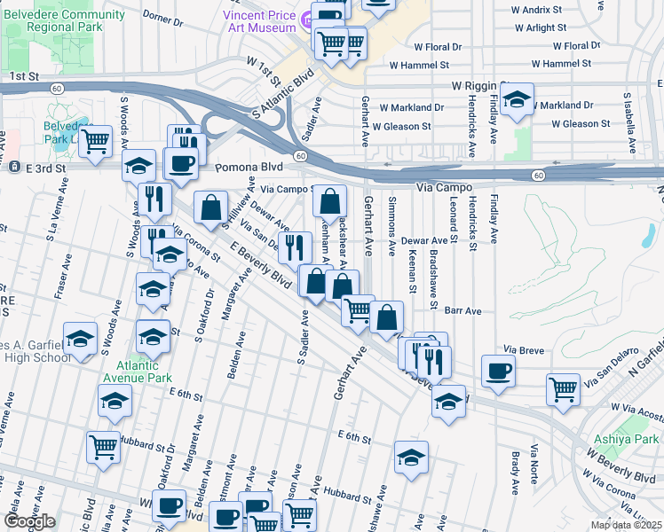 map of restaurants, bars, coffee shops, grocery stores, and more near 348 Twickenham Avenue in East Los Angeles