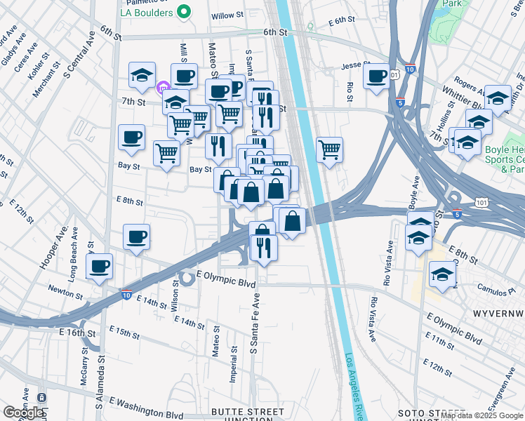 map of restaurants, bars, coffee shops, grocery stores, and more near 1237 South Santa Fe Avenue in Los Angeles