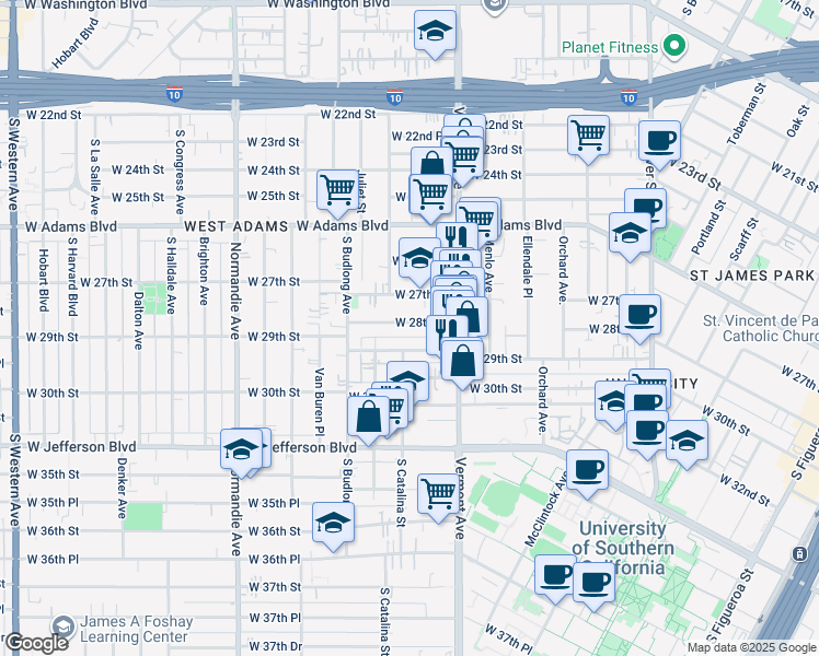 map of restaurants, bars, coffee shops, grocery stores, and more near 1447 West 29th Street in Los Angeles