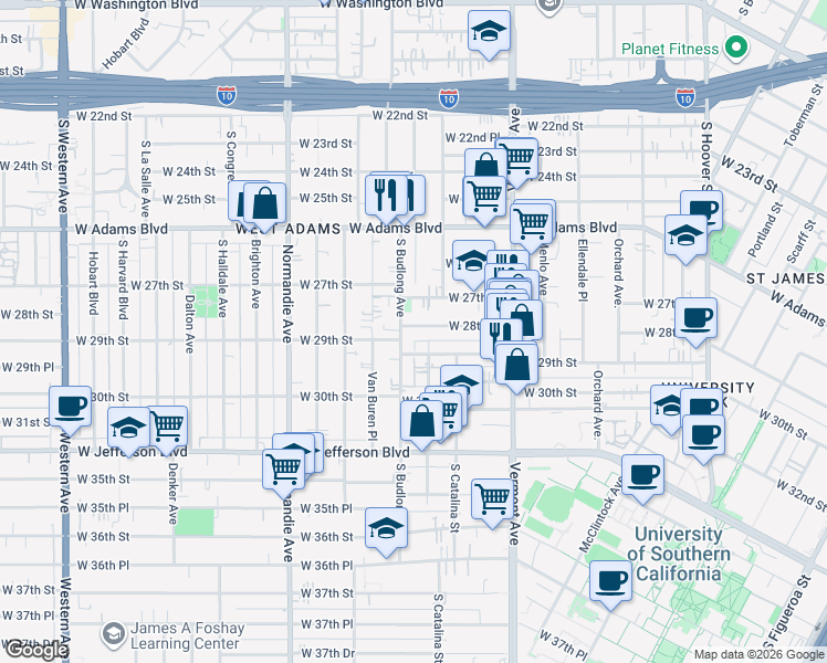 map of restaurants, bars, coffee shops, grocery stores, and more near 1550 West 29th Street in Los Angeles