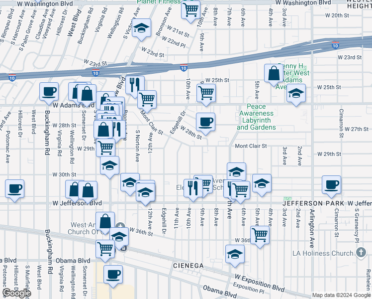 map of restaurants, bars, coffee shops, grocery stores, and more near 2928 11th Avenue in Los Angeles