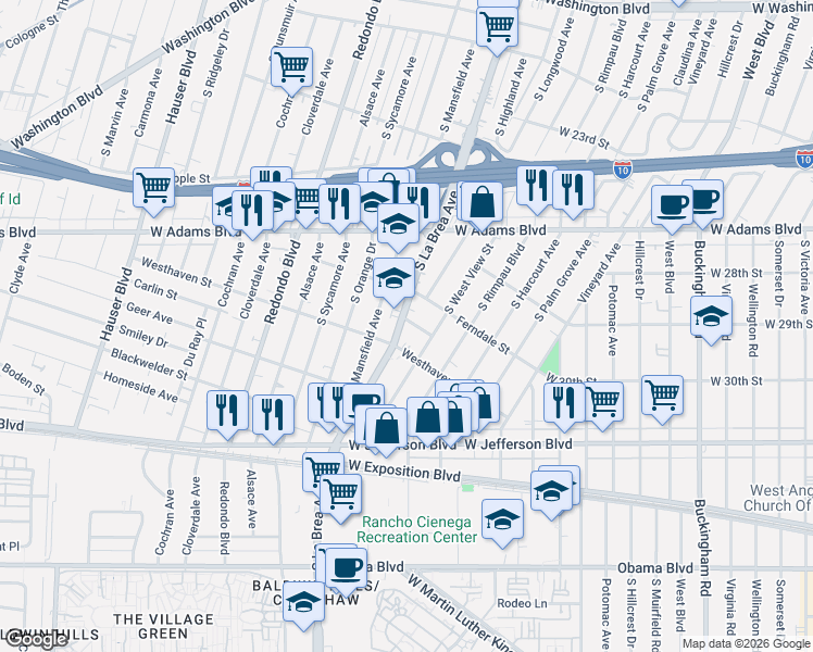 map of restaurants, bars, coffee shops, grocery stores, and more near 2841 South West View Street in Los Angeles