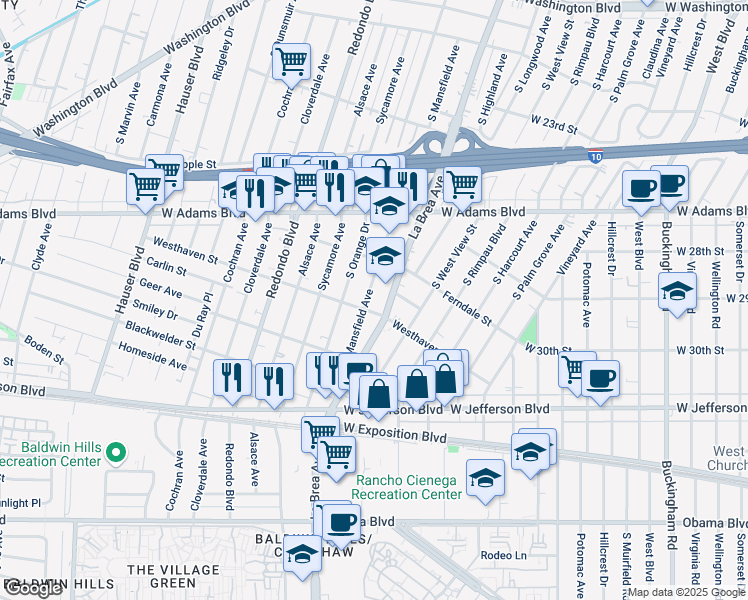 map of restaurants, bars, coffee shops, grocery stores, and more near 2827 South La Brea Avenue in Los Angeles