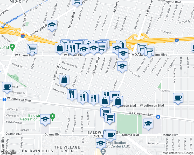 map of restaurants, bars, coffee shops, grocery stores, and more near 2738 South Redondo Boulevard in Los Angeles