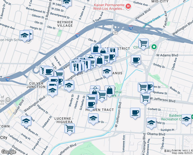 map of restaurants, bars, coffee shops, grocery stores, and more near 3405 Fay Avenue in Culver City