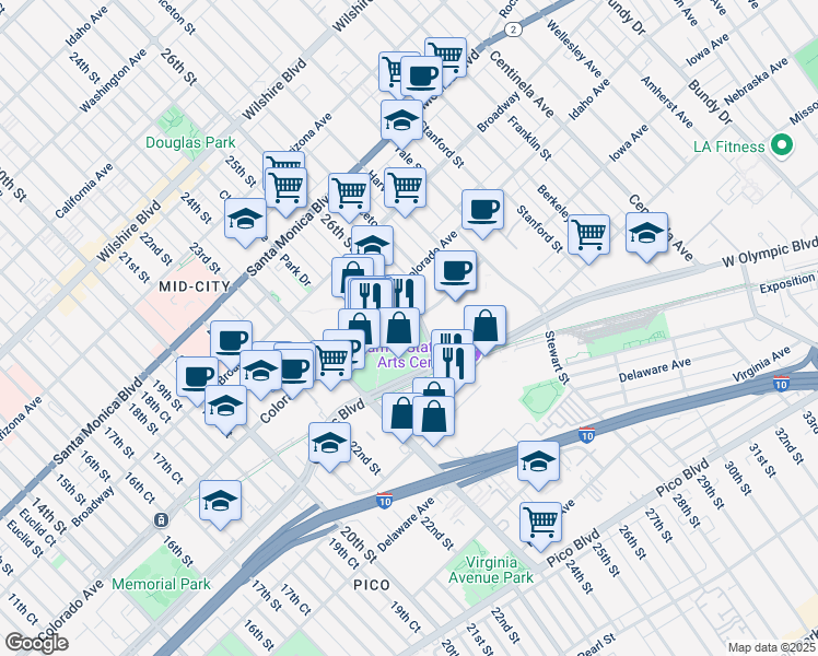 map of restaurants, bars, coffee shops, grocery stores, and more near 1681 26th Street in Santa Monica