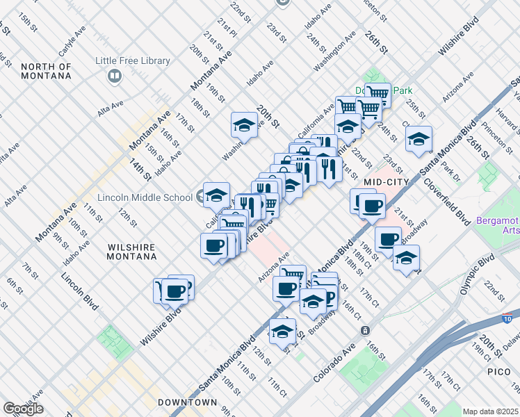 map of restaurants, bars, coffee shops, grocery stores, and more near 1621 Wilshire Boulevard in Santa Monica