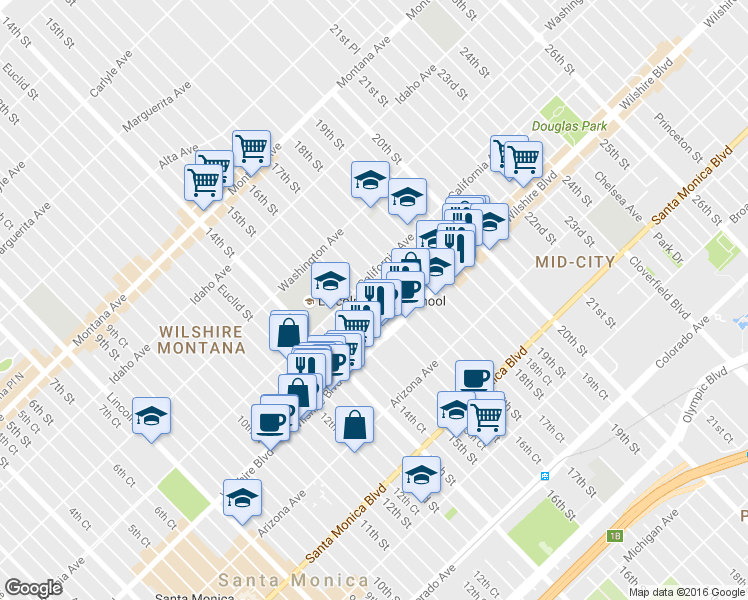 map of restaurants, bars, coffee shops, grocery stores, and more near 1128 16th Street in Santa Monica