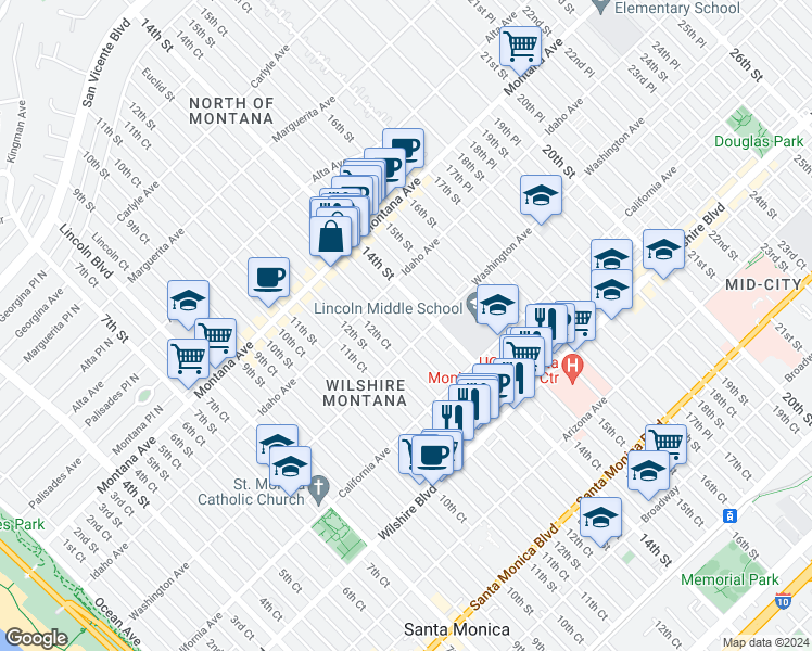 map of restaurants, bars, coffee shops, grocery stores, and more near 1314 Washington Avenue in Santa Monica