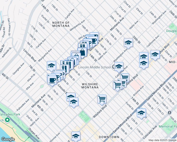 map of restaurants, bars, coffee shops, grocery stores, and more near 1130 Idaho Avenue in Santa Monica