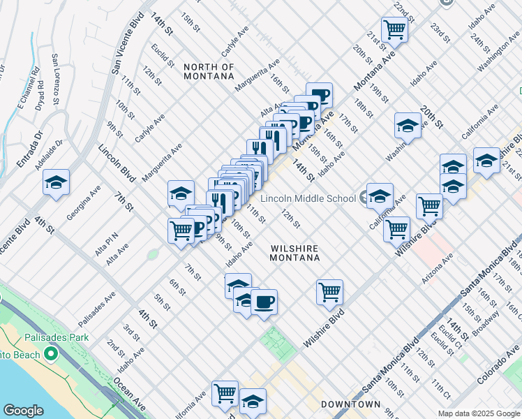 map of restaurants, bars, coffee shops, grocery stores, and more near 842 11th Street in Santa Monica