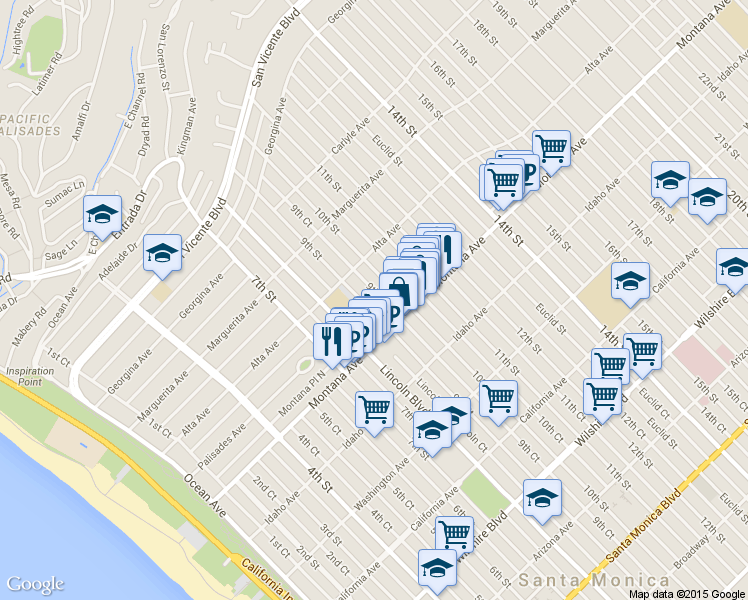 map of restaurants, bars, coffee shops, grocery stores, and more near 729 9th Street in Santa Monica