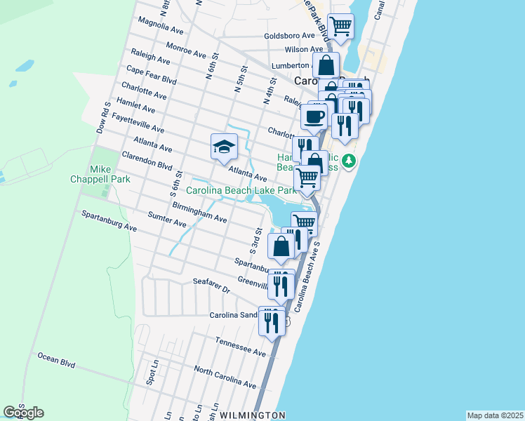 map of restaurants, bars, coffee shops, grocery stores, and more near 605 South 3rd Street in Carolina Beach