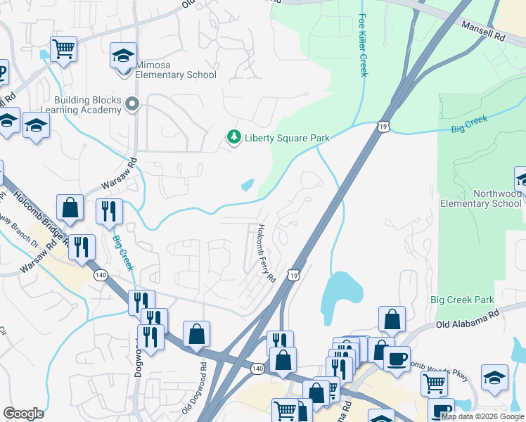 map of restaurants, bars, coffee shops, grocery stores, and more near 151 Holcomb Ferry Road in Roswell
