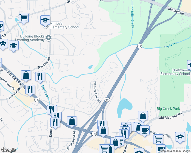 map of restaurants, bars, coffee shops, grocery stores, and more near 172 Holcomb Ferry Road in Roswell