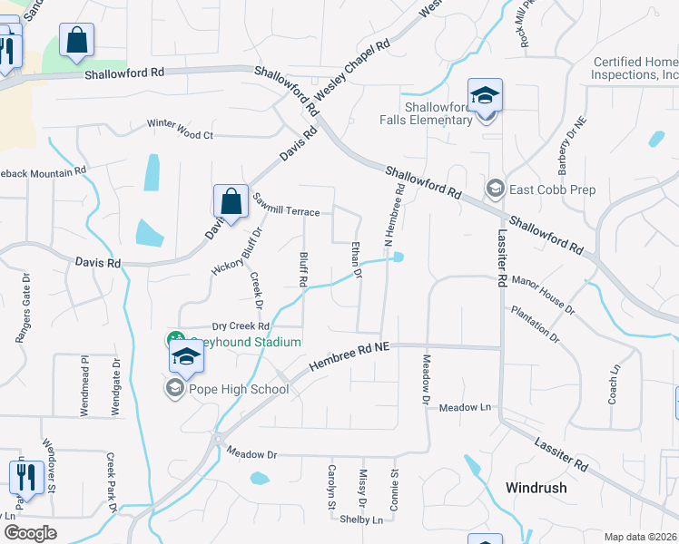 map of restaurants, bars, coffee shops, grocery stores, and more near 3280 Hembree Ct in Marietta
