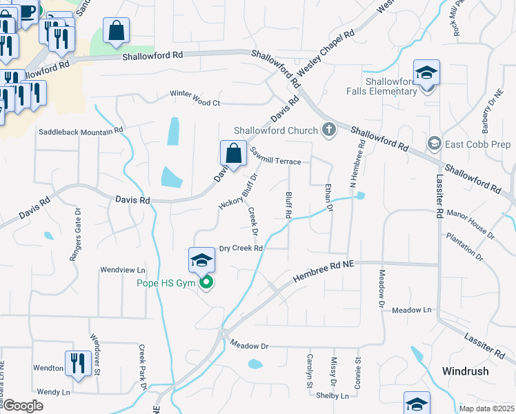 map of restaurants, bars, coffee shops, grocery stores, and more near 3234 Creek Drive in Marietta