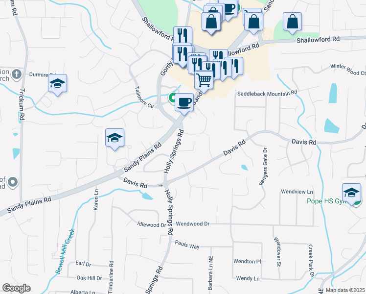 map of restaurants, bars, coffee shops, grocery stores, and more near 2870 Forest Highlands Drive in Marietta