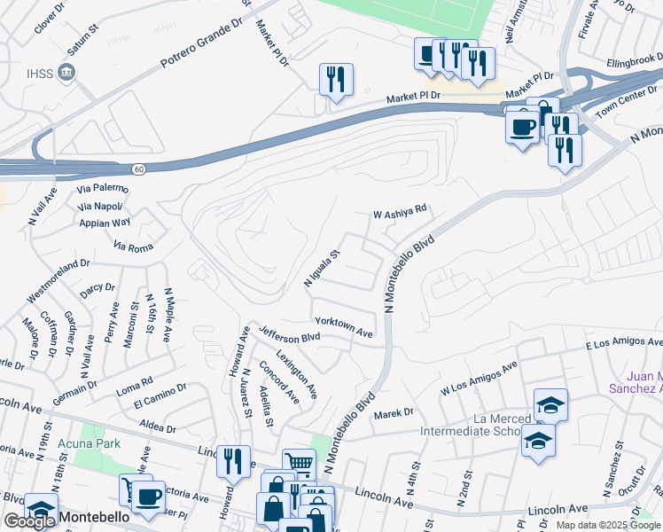 map of restaurants, bars, coffee shops, grocery stores, and more near 834 West Suffolk Avenue in Montebello