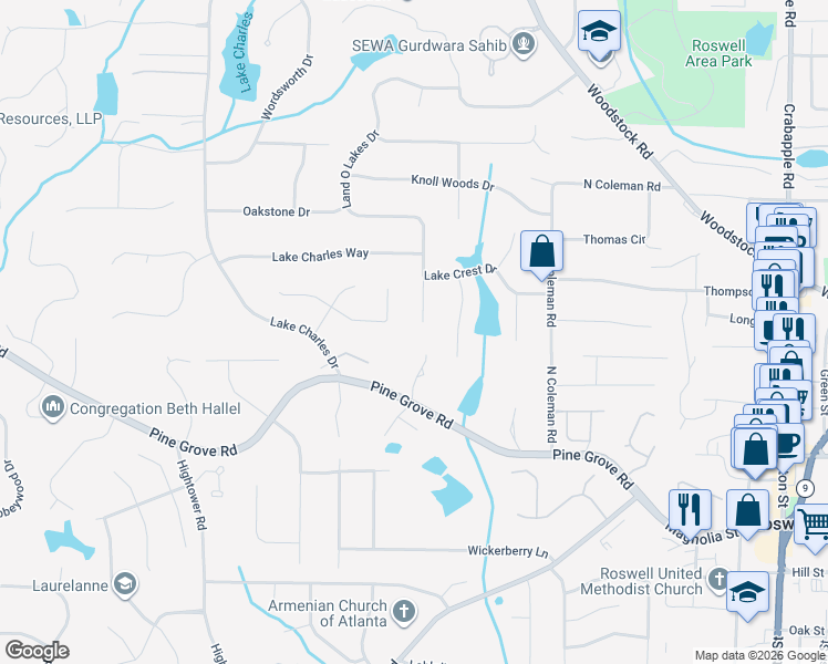map of restaurants, bars, coffee shops, grocery stores, and more near 1120 Land O Lakes Drive in Roswell