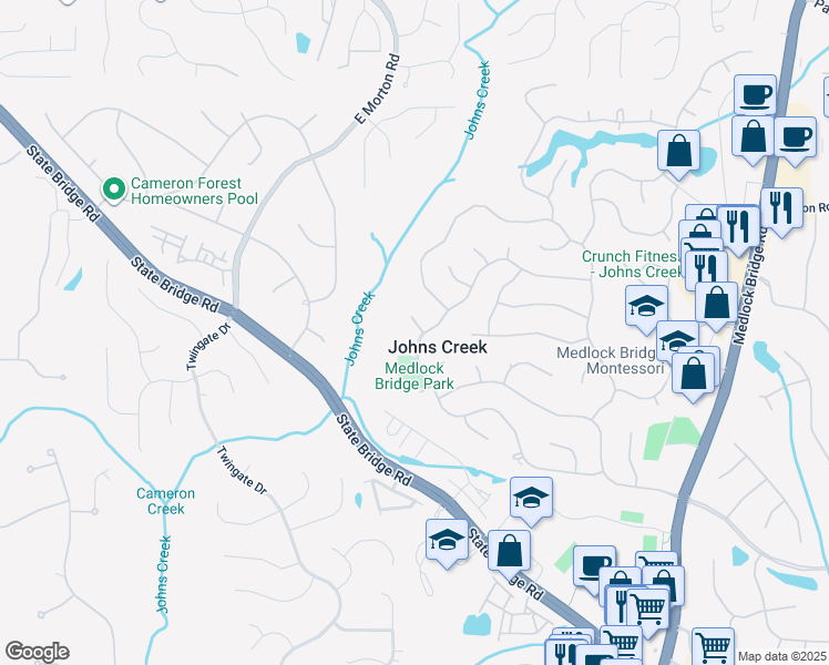 map of restaurants, bars, coffee shops, grocery stores, and more near 10180 Groomsbridge Road in Alpharetta