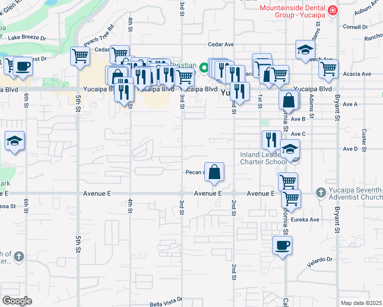 map of restaurants, bars, coffee shops, grocery stores, and more near 12367 3rd Street in Yucaipa