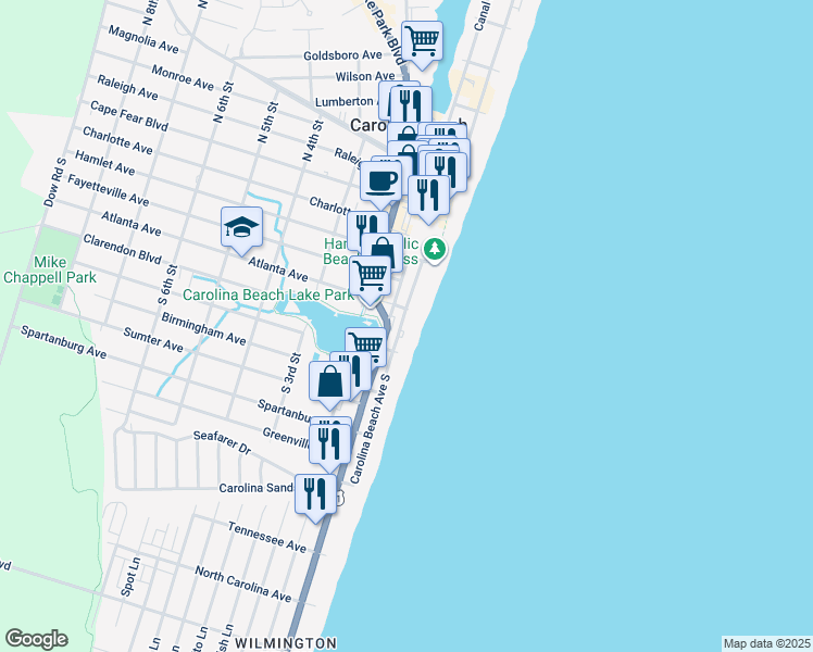 map of restaurants, bars, coffee shops, grocery stores, and more near 407 Carolina Beach Avenue South in Carolina Beach