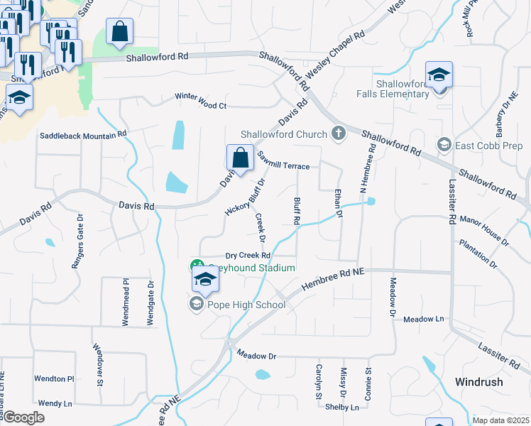 map of restaurants, bars, coffee shops, grocery stores, and more near 3234 Creek Drive in Marietta