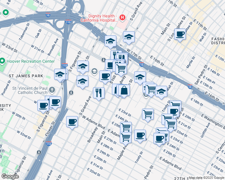 map of restaurants, bars, coffee shops, grocery stores, and more near 2121 South Broadway in Los Angeles