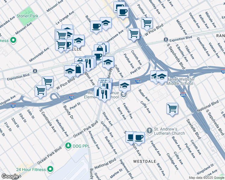 map of restaurants, bars, coffee shops, grocery stores, and more near 2517 Federal Avenue in Los Angeles