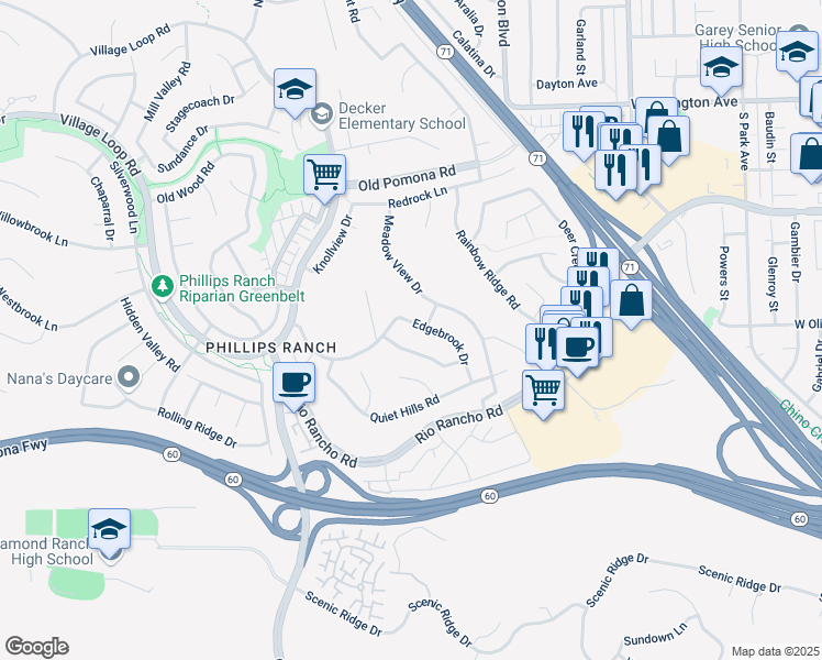 map of restaurants, bars, coffee shops, grocery stores, and more near 22 Cedarwood Drive in Pomona