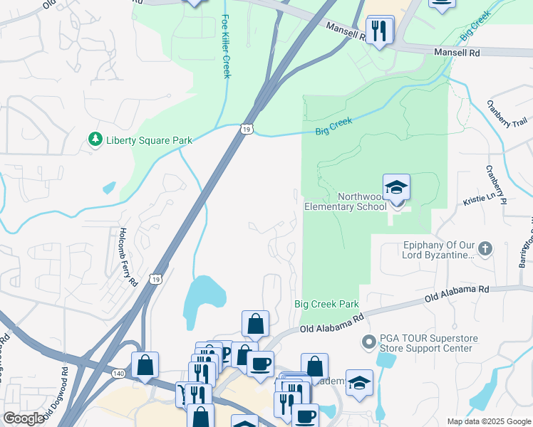 map of restaurants, bars, coffee shops, grocery stores, and more near 2200 Belcourt Parkway in Roswell