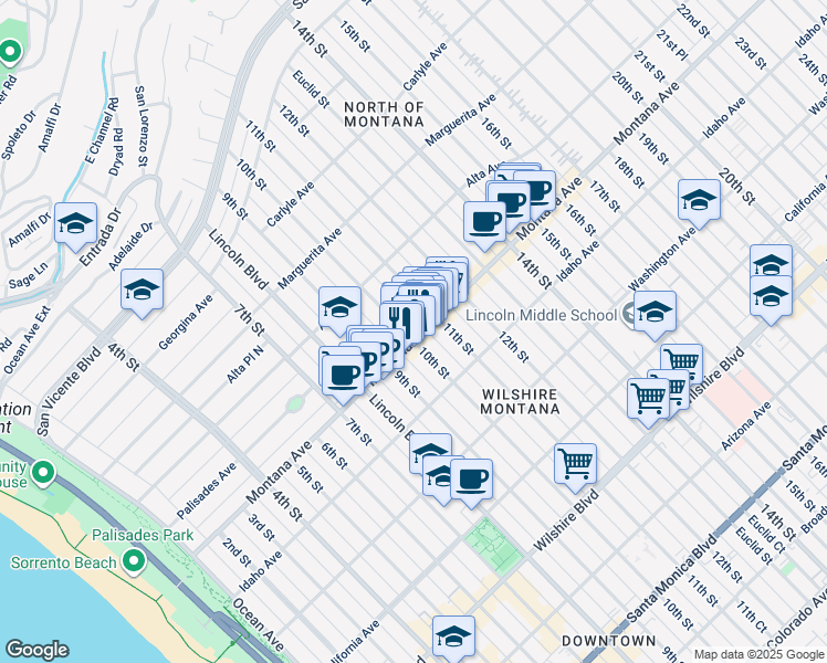 map of restaurants, bars, coffee shops, grocery stores, and more near 815 10th Street in Santa Monica