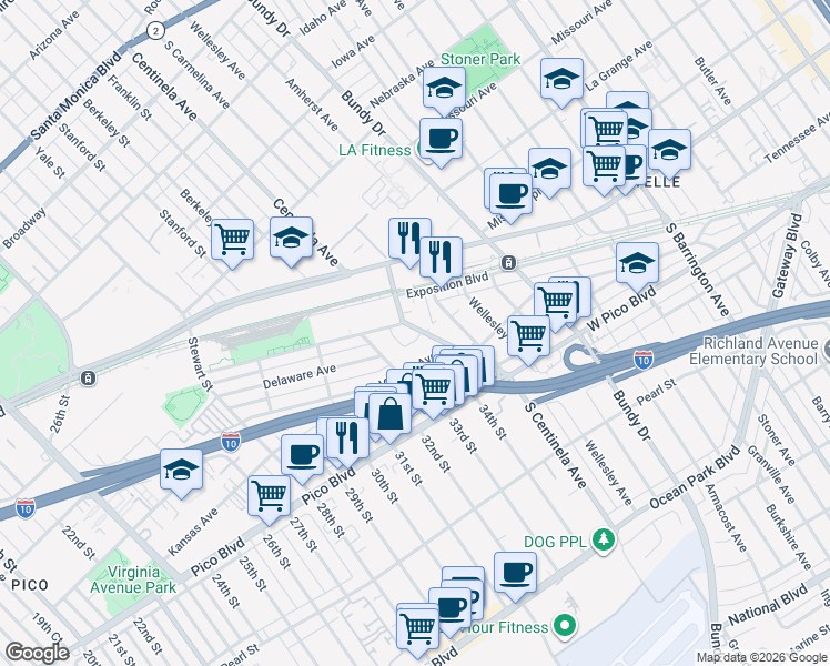 map of restaurants, bars, coffee shops, grocery stores, and more near 2017 South Centinela Avenue in Santa Monica