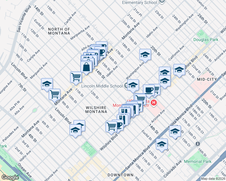 map of restaurants, bars, coffee shops, grocery stores, and more near 1325 Washington Avenue in Santa Monica