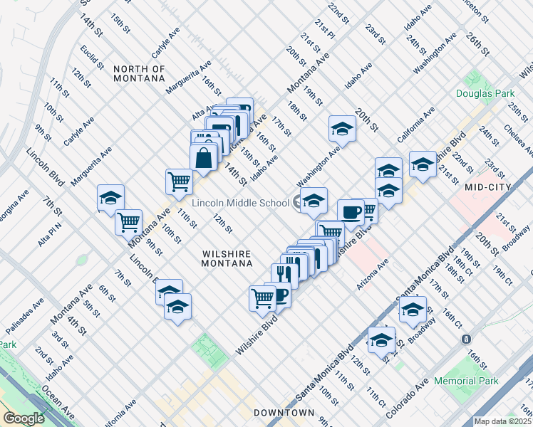 map of restaurants, bars, coffee shops, grocery stores, and more near 1325 Washington Avenue in Santa Monica