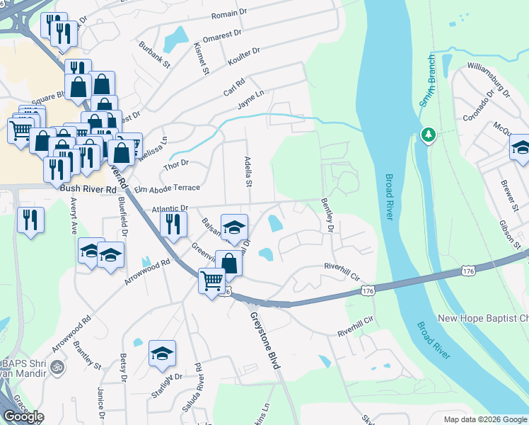 map of restaurants, bars, coffee shops, grocery stores, and more near 1728 Canal Drive in Columbia