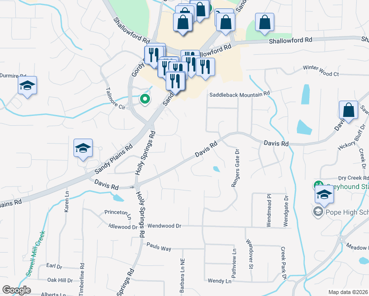 map of restaurants, bars, coffee shops, grocery stores, and more near 3149 Hudson Pond Lane Northeast in Marietta