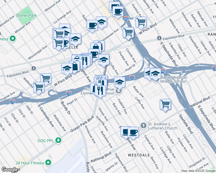 map of restaurants, bars, coffee shops, grocery stores, and more near 2517 Federal Avenue in Los Angeles
