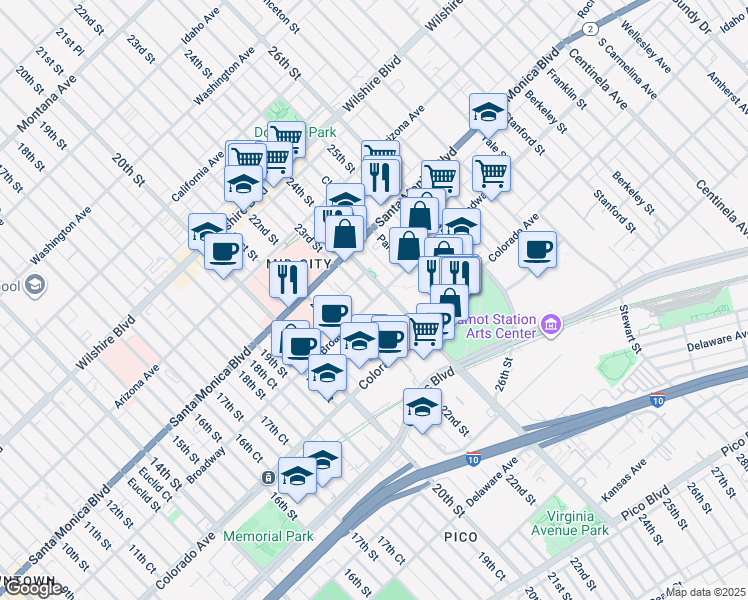 map of restaurants, bars, coffee shops, grocery stores, and more near 2218 Broadway in Santa Monica