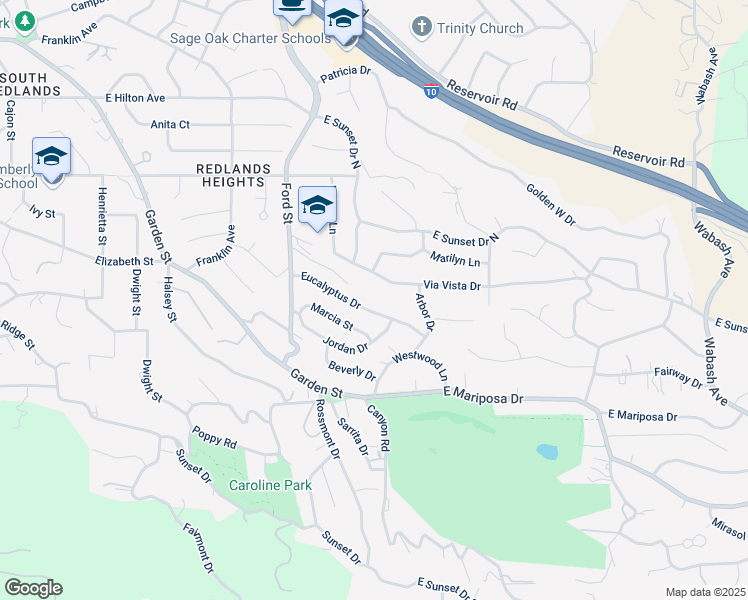 map of restaurants, bars, coffee shops, grocery stores, and more near 412 Eucalyptus Drive in Redlands