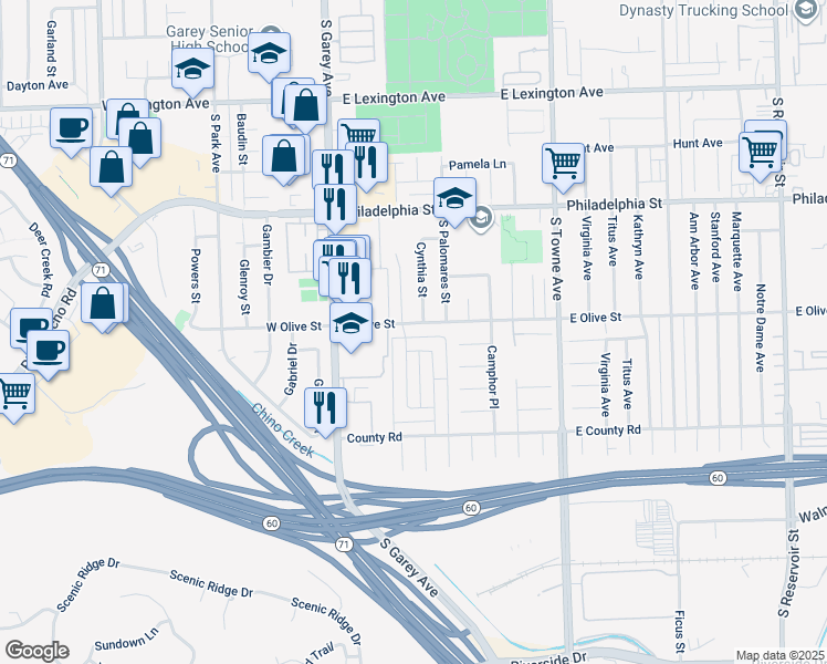 map of restaurants, bars, coffee shops, grocery stores, and more near 304 East Olive Street in Pomona