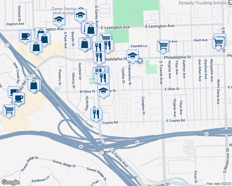 map of restaurants, bars, coffee shops, grocery stores, and more near 292 East Olive Street in Pomona