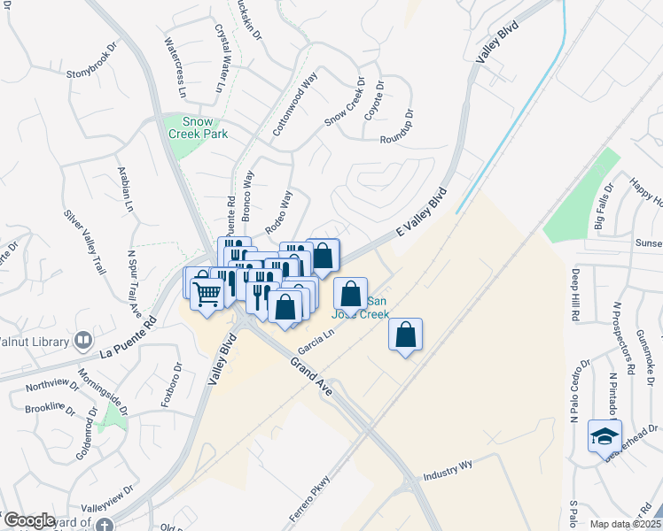 map of restaurants, bars, coffee shops, grocery stores, and more near 21863 Valley Boulevard in Walnut