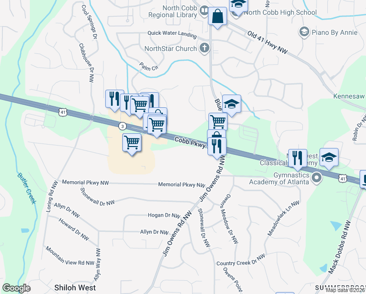 map of restaurants, bars, coffee shops, grocery stores, and more near 3093 Cobb Parkway Northwest in Kennesaw